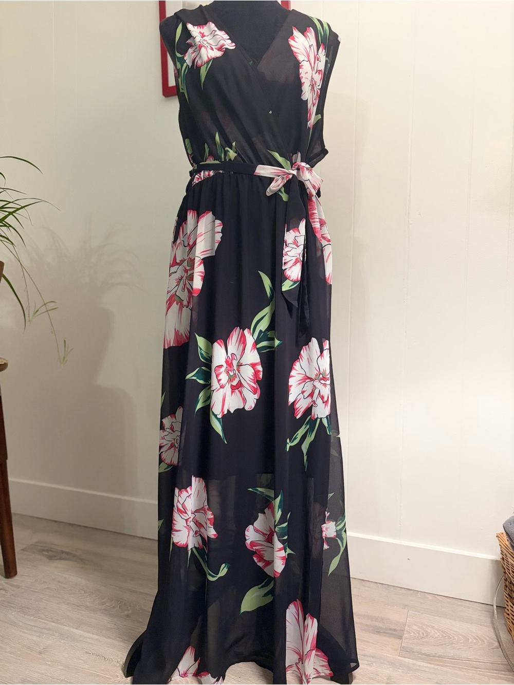 Black Maxi Wrap Dress with Pink Floral Print